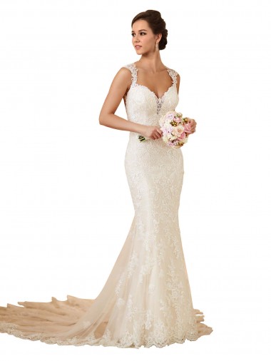 Lace Mermaid Chapel Train Sleeveless Keyhole Back Modern Wedding Dress Glasgow