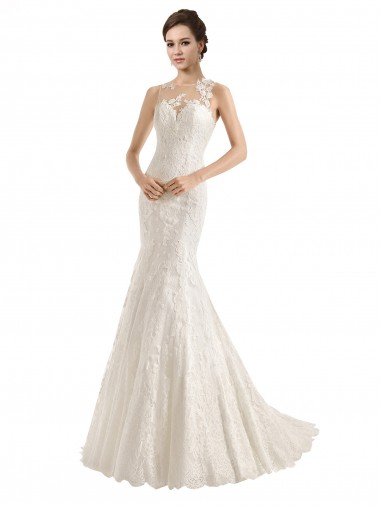 Lace Mermaid Chapel Train Sleeveless Illusion Neck Wedding Dress Glasgow
