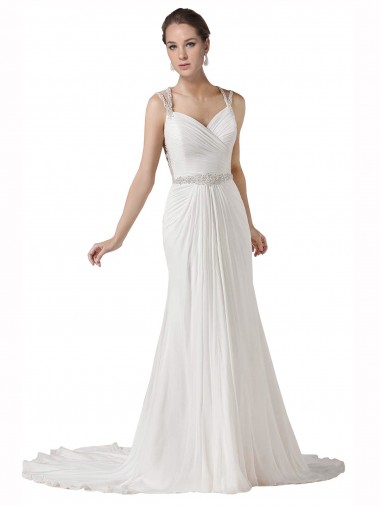 Soft Chiffon Sheath Chapel Train Sleeveless Beach Wedding Dress Glasgow