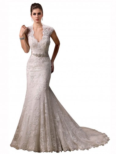 Lace Mermaid Chapel Train Cap Sleeves Wedding Dresses Glasgow