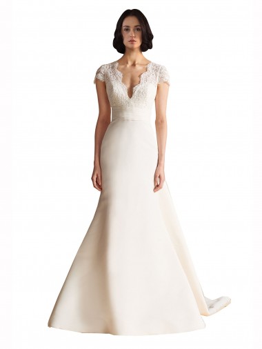 Satin A-Line Chapel Train Cap Sleeves Keyhole Back Wedding Dress Glasgow