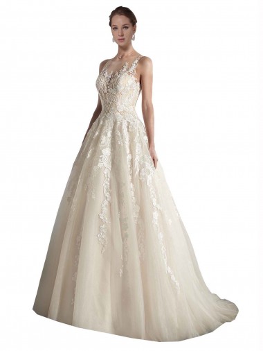 Tulle A-Line Chapel Train Sleeveless Illusion Neck Wedding Dress Glasgow