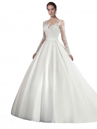 Satin & Lace A-Line Cathedral Train Long Sleeves Wedding Dress Glasgow