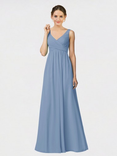 Soft Chiffon A-Line Long Sleeveless Dusty Blue Bridesmaid Gown Glasgow