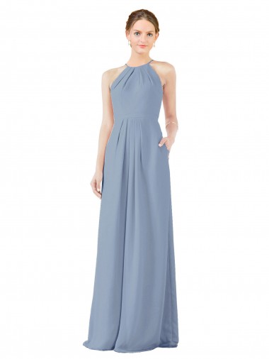 Soft Chiffon Sheath Long Sleeveless Dusty Blue Keyhole Back Bridesmaid Dress Glasgow