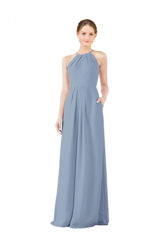 Soft Chiffon Sheath Long Sleeveless Dusty Blue Keyhole Back Bridesmaid Dress Glasgow