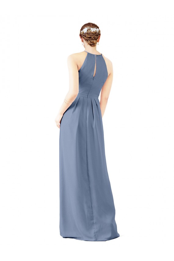 Soft Chiffon Sheath Long Sleeveless Dusty Blue Keyhole Back Bridesmaid Dress Glasgow