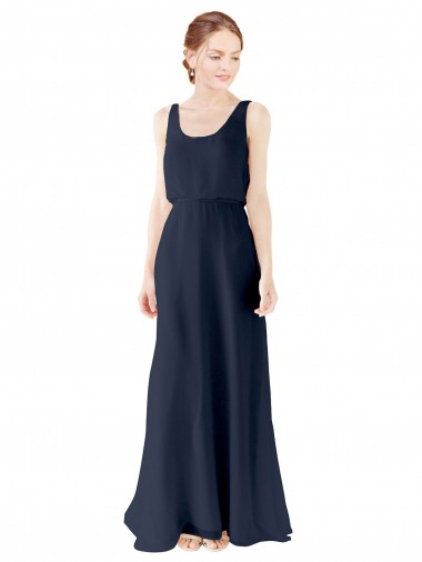 Soft Chiffon A-Line Long Sleeveless Dark Navy Open Back Bridesmaid Dress Glasgow