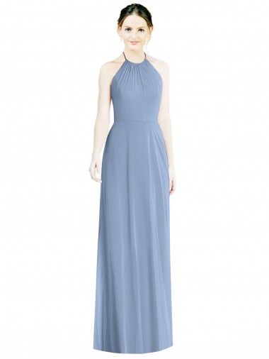 Chiffon A-Line Long Floor Length Sleeveless Low Back Dusty Blue Bridesmaid Dresses Glasgow