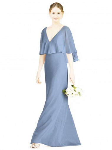 Soft Chiffon Trumpet Long Sleeveless Dusty Blue Bridesmaid Dress Glasgow