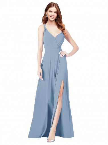 Soft Chiffon A-Line Long Sleeveless Keyhole Back Dusty Blue Bridesmaid Dresses Glasgow