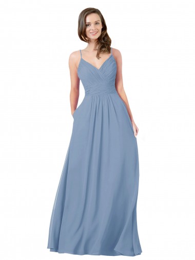 Chiffon A-Line Long Sleeveless Criss Cross Back Dusty Blue Bridesmaid Dresses Glasgow
