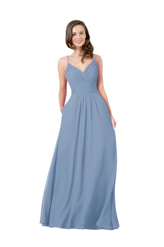 Chiffon A-Line Long Sleeveless Criss Cross Back Dusty Blue Bridesmaid Dresses Glasgow