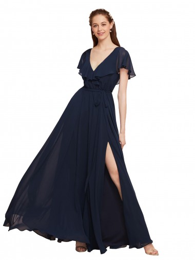 Chiffon A-Line Long Cap Sleeves V-Back High Side Slit Bridesmaid Dresses Glasgow