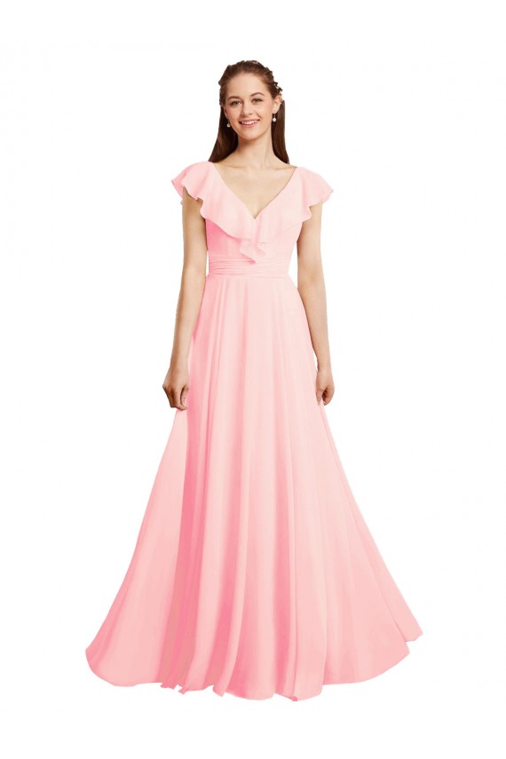 Chiffon A-Line Long Cap Sleeves V-Back Bridesmaid Dress / Evening Gowns Glasgow