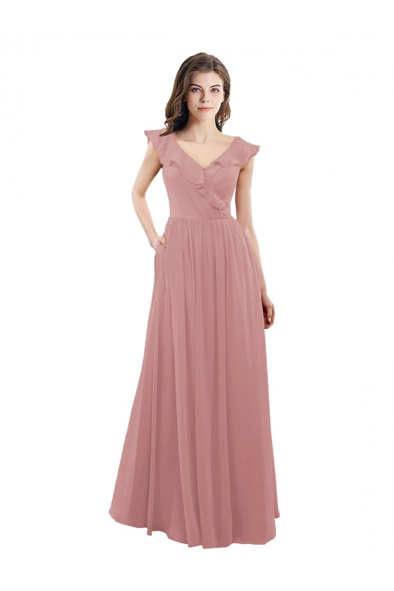 Soft Chiffon A-Line Long Cap Sleeves V-Back Dusty Pink Bridesmaid Dresses Glasgow