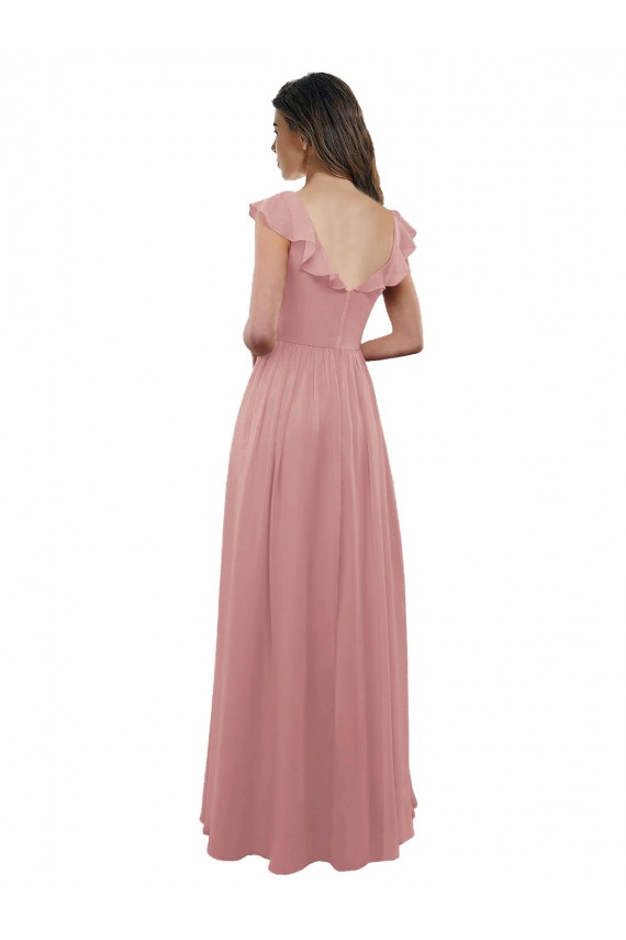 Soft Chiffon A-Line Long Cap Sleeves V-Back Dusty Pink Bridesmaid Dresses Glasgow