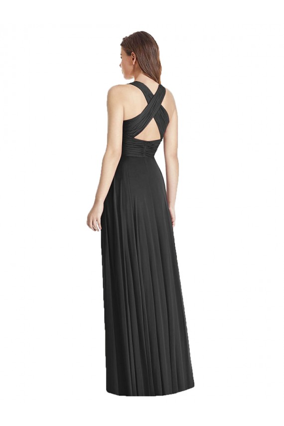 Soft Chiffon A-Line Long Sleeveless Criss Cross Back Black Bridesmaid Dresses Glasgow