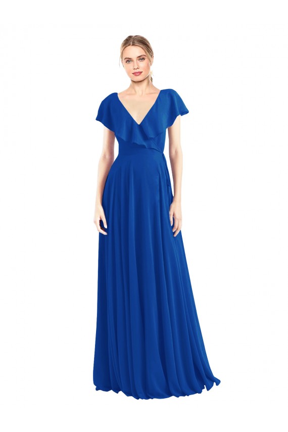 Soft Chiffon A-Line Flutter Sleeves Royal Blue Bridesmaid Dress Glasgow