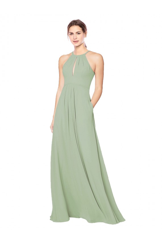 Soft Chiffon A-Line Long Sleeveless Smoke Green Keyhole Back Bridesmaid Dress Glasgow