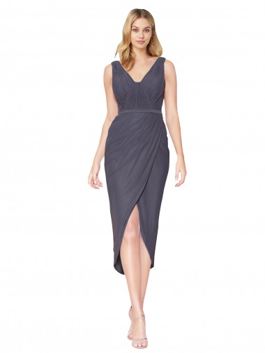 Soft Chiffon Mermaid Cocktail Length Sleeveless Slate Grey V-Back High Low Evening Gown / Prom Dress / Bridesmaid Dress Glasgow