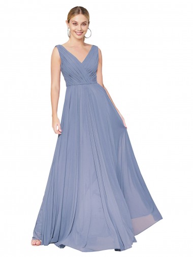 Soft Chiffon A-Line Long Sleeveless V-Back Dusty Blue Prom Dresses Glasgow