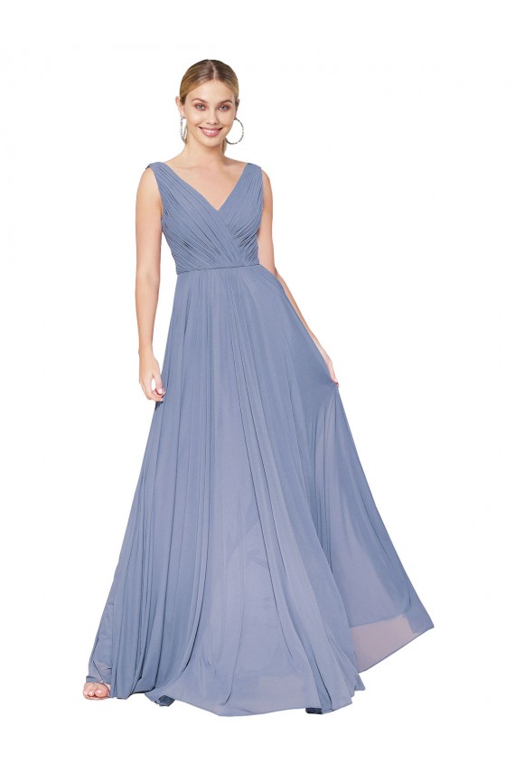 Soft Chiffon A-Line Long Sleeveless V-Back Dusty Blue Prom Dresses Glasgow