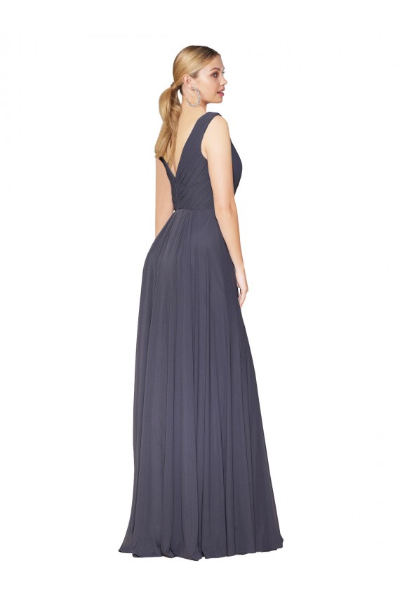 Soft Chiffon A-Line Long Sleeveless V-Back Dusty Blue Prom Dresses Glasgow