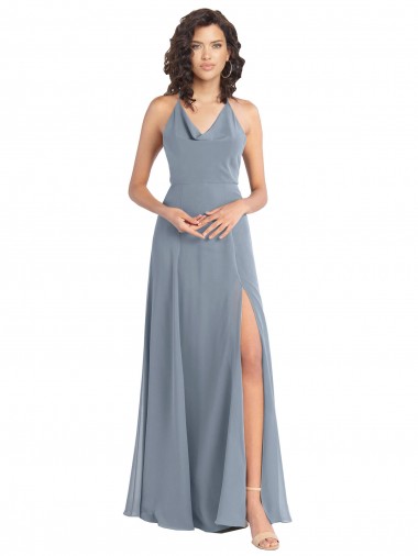 Soft Chiffon A-Line Long Sleeveless V-Back Dusty Blue Bridesmaid Dresses Glasgow
