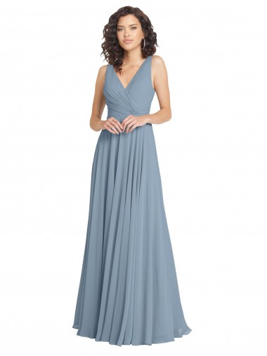 Soft Chiffon A-Line Long Sleeveless Dusty Blue V-Back Bridesmaid Dress Glasgow