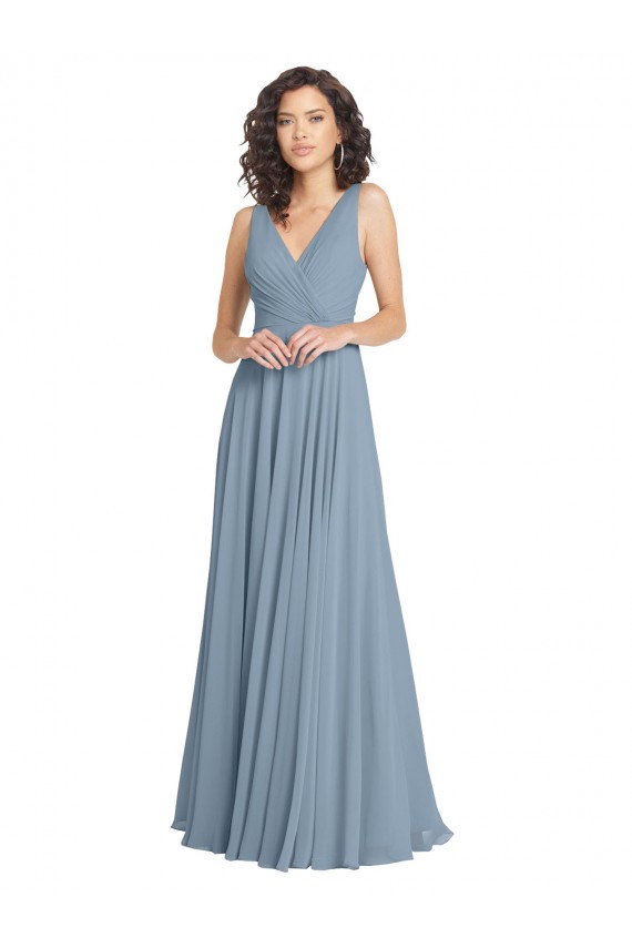 Soft Chiffon A-Line Long Sleeveless Dusty Blue V-Back Bridesmaid Dress Glasgow