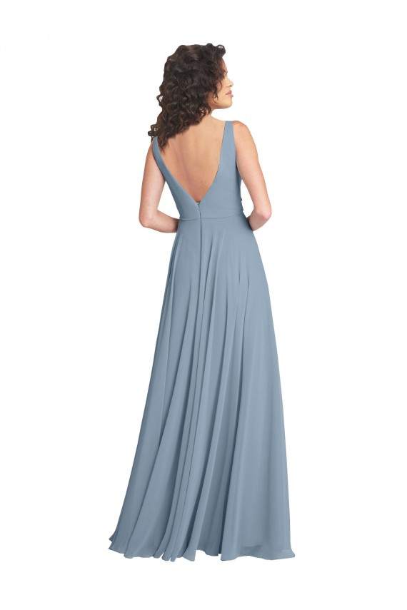 Soft Chiffon A-Line Long Sleeveless Dusty Blue V-Back Bridesmaid Dress Glasgow