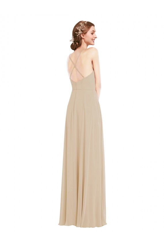 Soft Chiffon A-Line Long Sleeveless Criss Cross Back Champagne Evening Dresses Glasgow