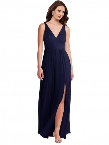 Soft Chiffon A-Line Long Sleeveless V-Back Front Slit Evening Dresses Glasgow