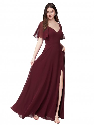 Soft Chiffon A-Line Long Short Flutter Sleeves Keyhole Back Formal Dress / Bridesmaid Dress Glasgow