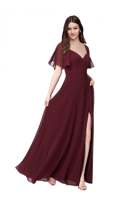 Soft Chiffon A-Line Long Short Flutter Sleeves Keyhole Back Formal Dress / Bridesmaid Dress Glasgow