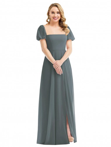 Soft Chiffon A-Line Long Puff Sleeves Semi Formal Evening Dress / Bridesmaid Dress Glasgow