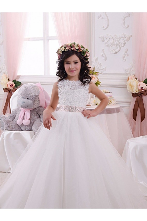 Tulle & Lace Ball Gown Chapel Train Sleeveless V-Back Flower Girl Dress Glasgow