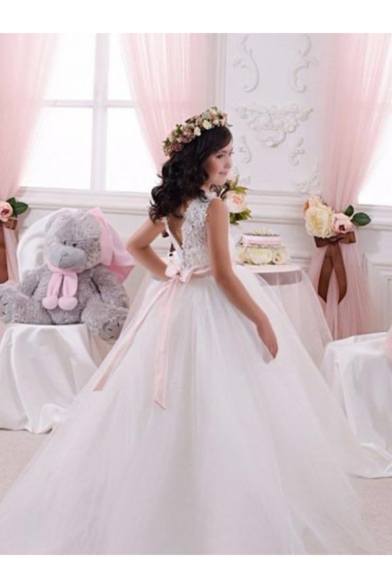 Tulle & Lace Ball Gown Chapel Train Sleeveless V-Back Flower Girl Dress Glasgow