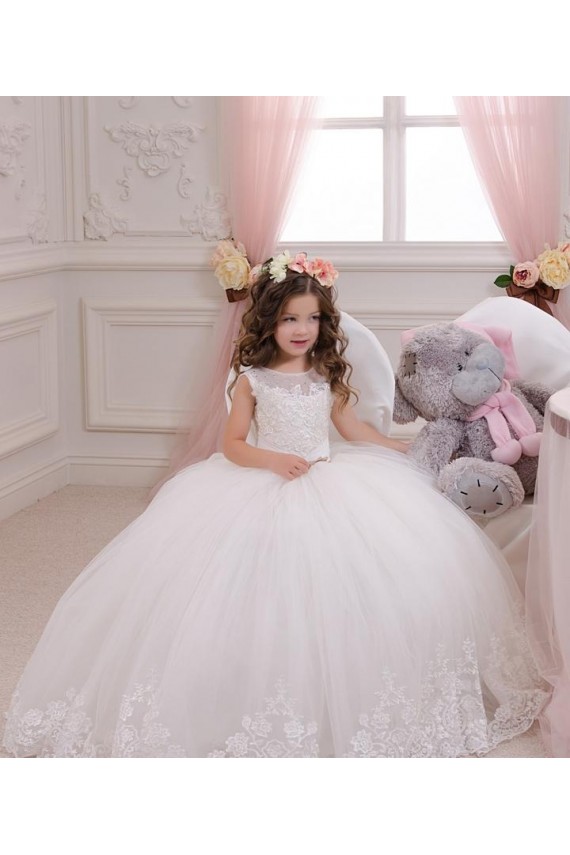 Tulle & Lace Ball Gown Chapel Train Sleeveless Flower Girl Wedding Dress Glasgow