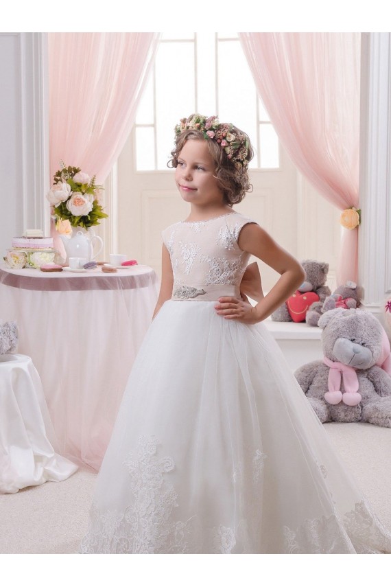 Tulle & Lace Ball Gown Chapel Train Sleeveless V-Back Flower Girl Dresses Glasgow