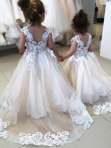 Tulle & Lace Ball Gown Chapel Train Sleeveless V-Back Little Flower Girl Dress Glasgow