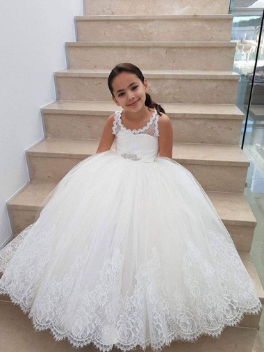 Tulle & Lace Ball Gown Long Sleeveless Keyhole Back Flower Girl Dress for Wedding Glasgow