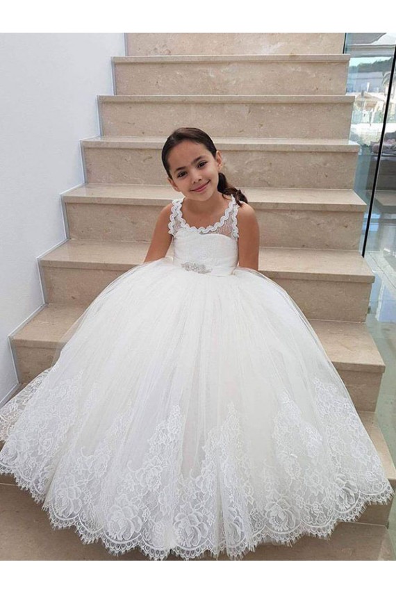 Tulle & Lace Ball Gown Long Sleeveless Keyhole Back Flower Girl Dress for Wedding Glasgow