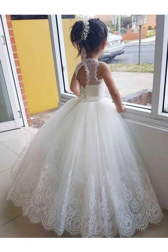 Tulle & Lace Ball Gown Long Sleeveless Keyhole Back Flower Girl Dress for Wedding Glasgow