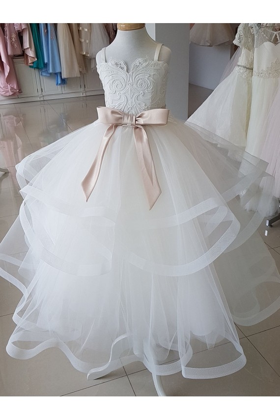 Tulle & Lace Ball Gown Long Sleeveless Flower Girl Wedding Dress Glasgow
