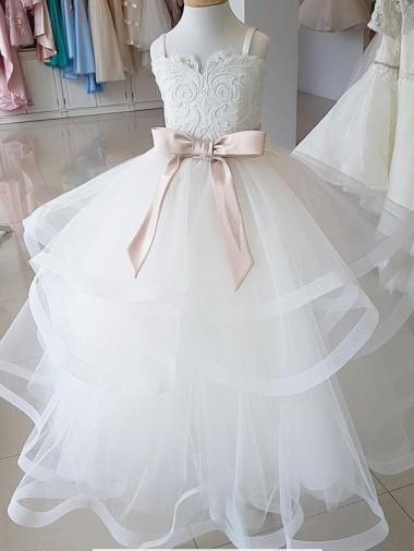 Tulle & Lace Ball Gown Long Sleeveless Flower Girl Wedding Dress Glasgow