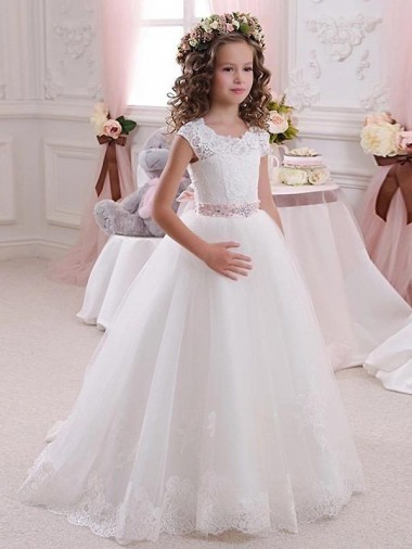 Tulle & Lace Ball Gowns Long Cap Sleeves Keyhole Back Flower Girl Dress Glasgow