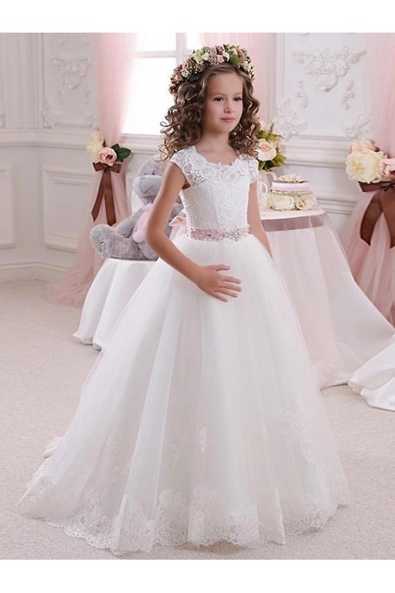 Tulle & Lace Ball Gowns Long Cap Sleeves Keyhole Back Flower Girl Dress Glasgow
