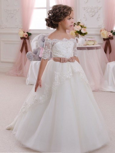 Tulle & Lace Ball Gown Short Sleeves Long Keyhole Back Flower Girl Dresses Glasgow